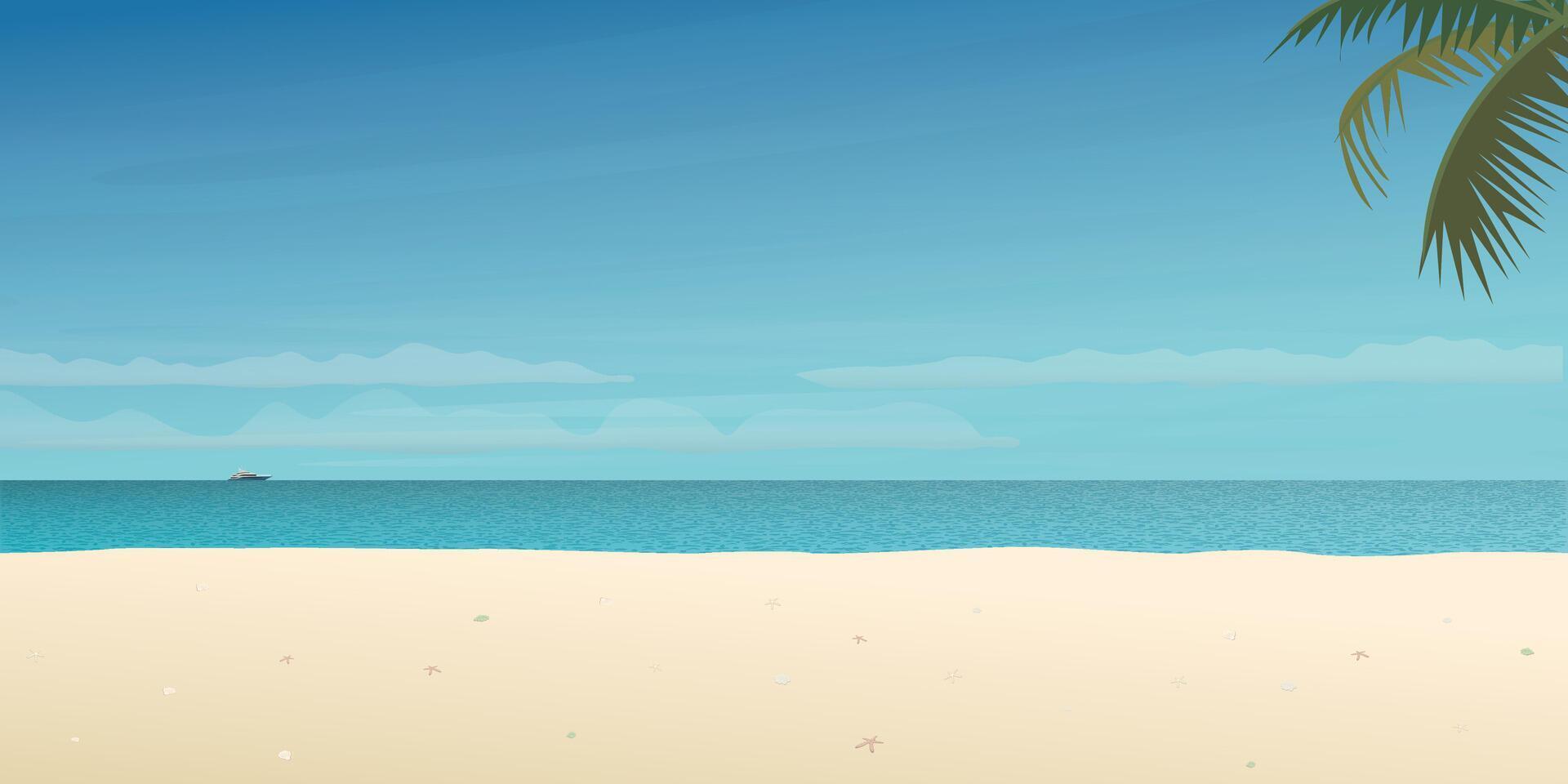 strand met tropisch blauw zee achtergrond sjabloon voor advertentie. strand en zeegezicht vector illustratie hebben blanco ruimte.