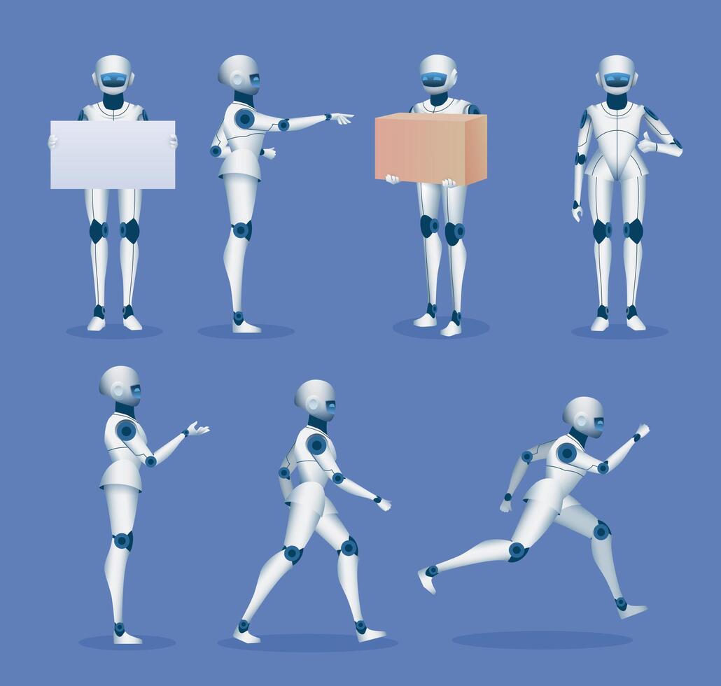 humanoid robot mascotte. tekenfilm toekomst android karakter poseert. 3d robots rennen, staan, Holding poster bord en levering doos vector reeks