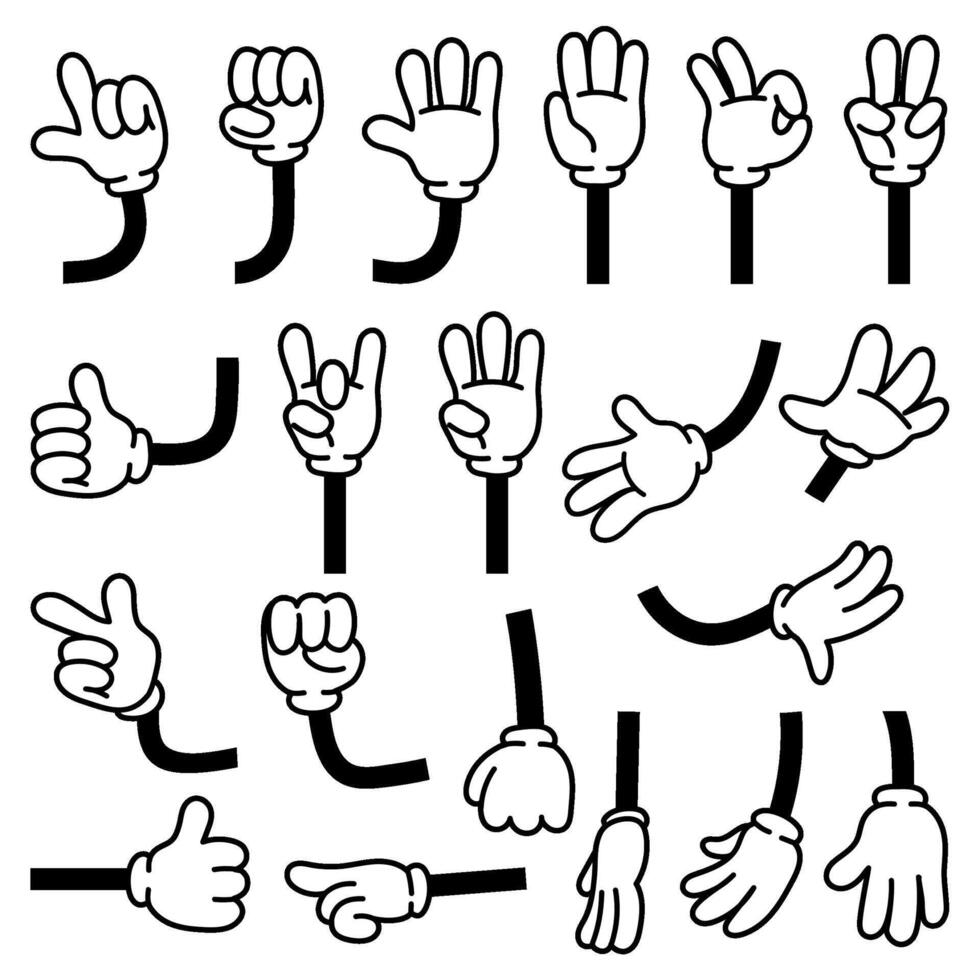 retro grappig handen gebaren in handschoenen voor tekenfilm karakters. tekening arm richten vinger. duim omhoog, vuist, rots en zege tekens vector reeks