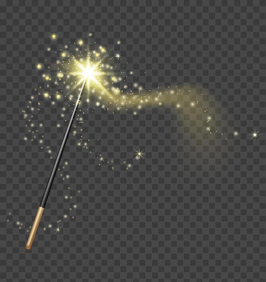 magie toverstok. realistisch sprookje stok met gouden fonkeling pad. fantasie schitteren en schijnen ster. fee toverstaf en magisch licht vector concept
