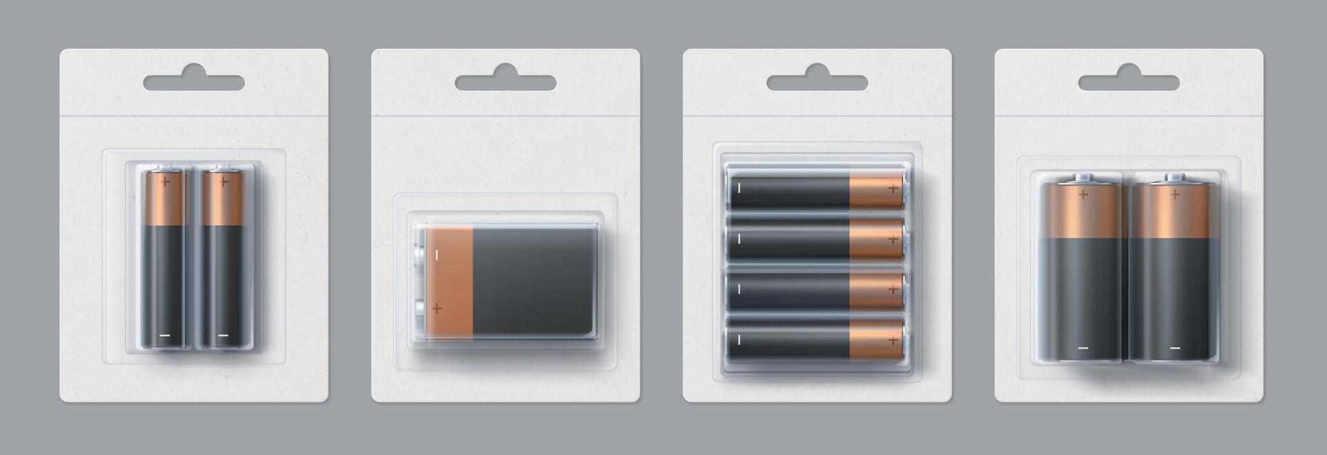 realistisch alkalisch accu grootte pakketjes mockup ontwerp. zwart en goud metalen elektrisch batterijen in transparant pakketten vector sjabloon reeks