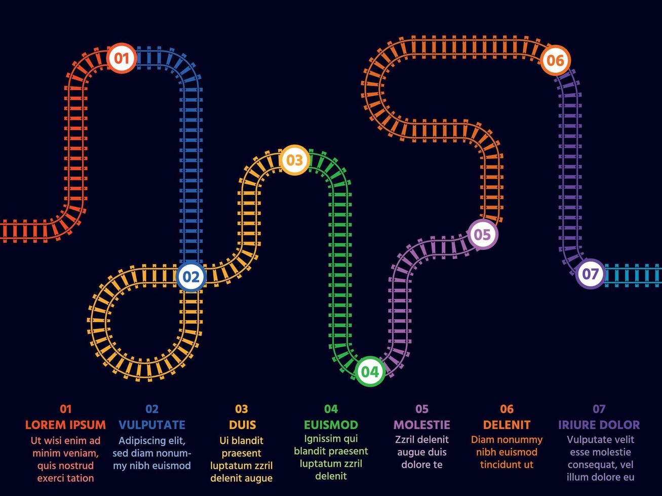 stappen of opties infographic met spoorweg bijhouden kaart en nummers. presentatie met vlak spoorweg lijn. bedrijf plan vector concept sjabloon