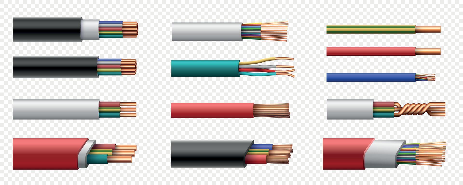 realistisch elektrisch macht coaxiaal kabels met koper draad. 3d met elkaar verweven kabel met plastic veiligheid jasje. geleider verbinding vector reeks