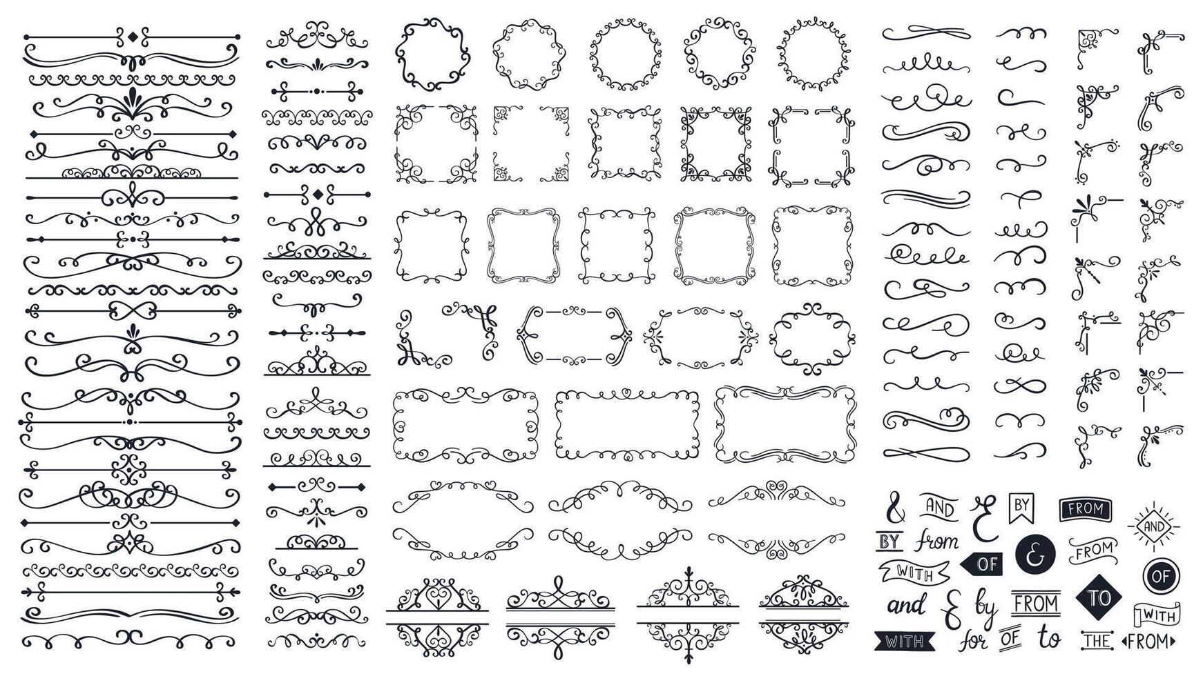 wijnoogst kalligrafische elementen. decoratief lijsten, floreren verdelers, grenzen. mooi wervelingen, zinkt versierd vector