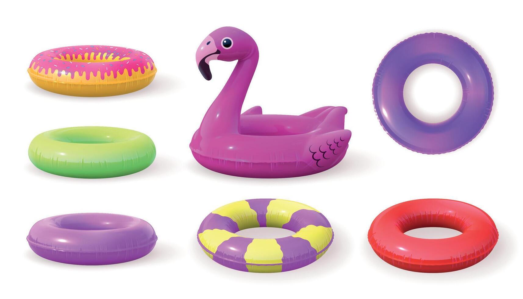 3d opblaasbaar zwemmen ringen ontwerpen, donut en roze flamingo. realistisch zwembad rubber cirkel top en kant visie. zwemmen redder in nood vector reeks