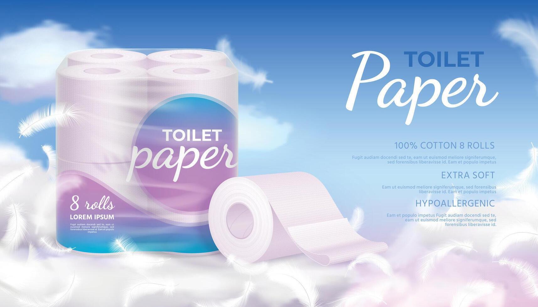 reclame banier met realistisch zacht toilet papier, wolken en veren. hygiëne beschikbaar servetten broodjes in plastic pakket vector concept