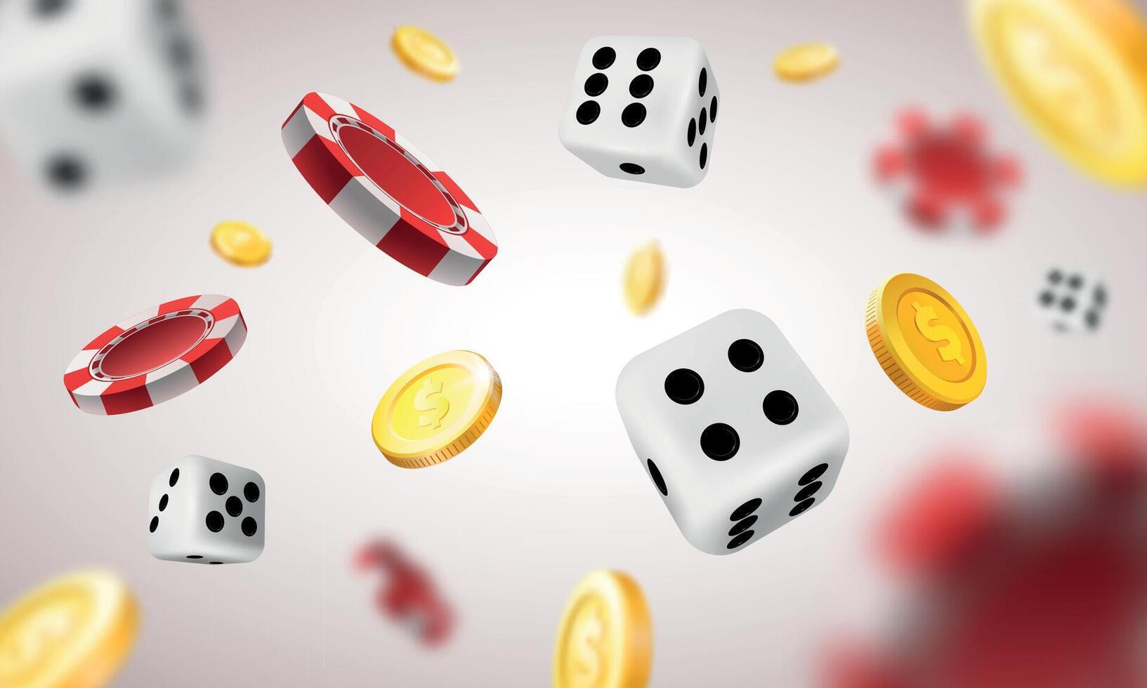 realistisch casino achtergrond met vliegend chips, gouden munten en Dobbelsteen. poker winnend geld prijs explosie. 3d het gokken spellen vector concept