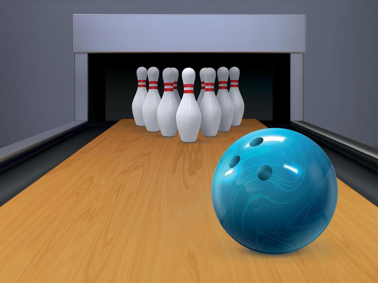 realistisch bowling hout rijbaan met rollend bal en kegelvormig pinnen. sport kom spel wedstrijd steeg. bowling club spelen vector achtergrond