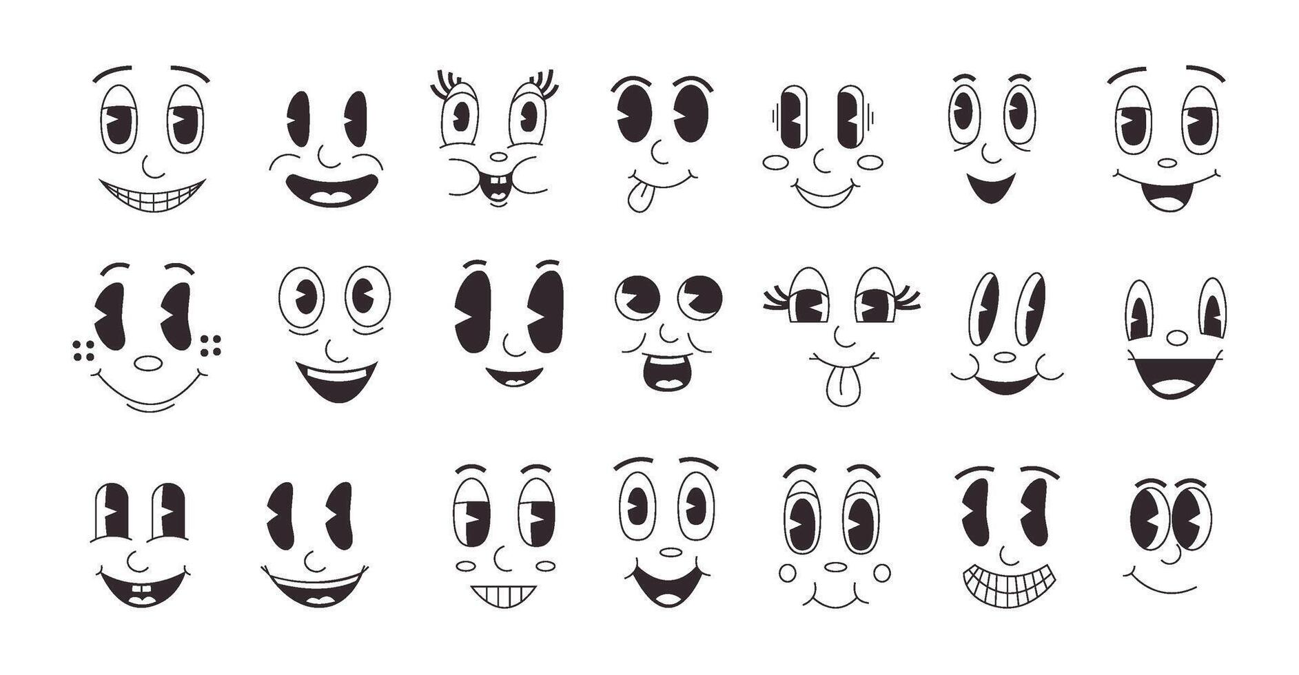 tekenfilm emoties. retro grappig gezichten verzameling met glimlach emotie, wijnoogst gezicht van mascotte karakter. vector klem kunst verzameling