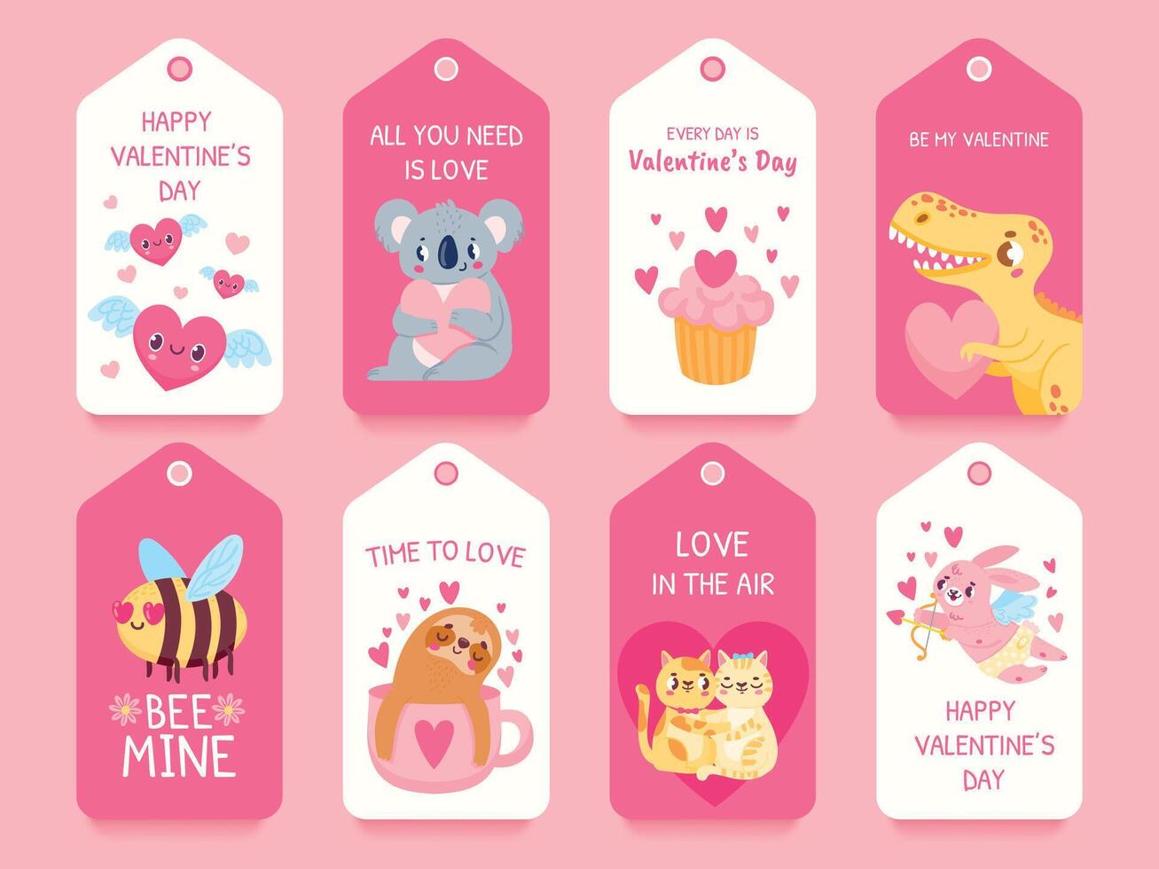 valentijnsdag geschenk tags met dieren. dinosaurus, koala met harten, Cupido, kat paar en liefde bij. romantisch Valentijn dag label etiketten vector reeks