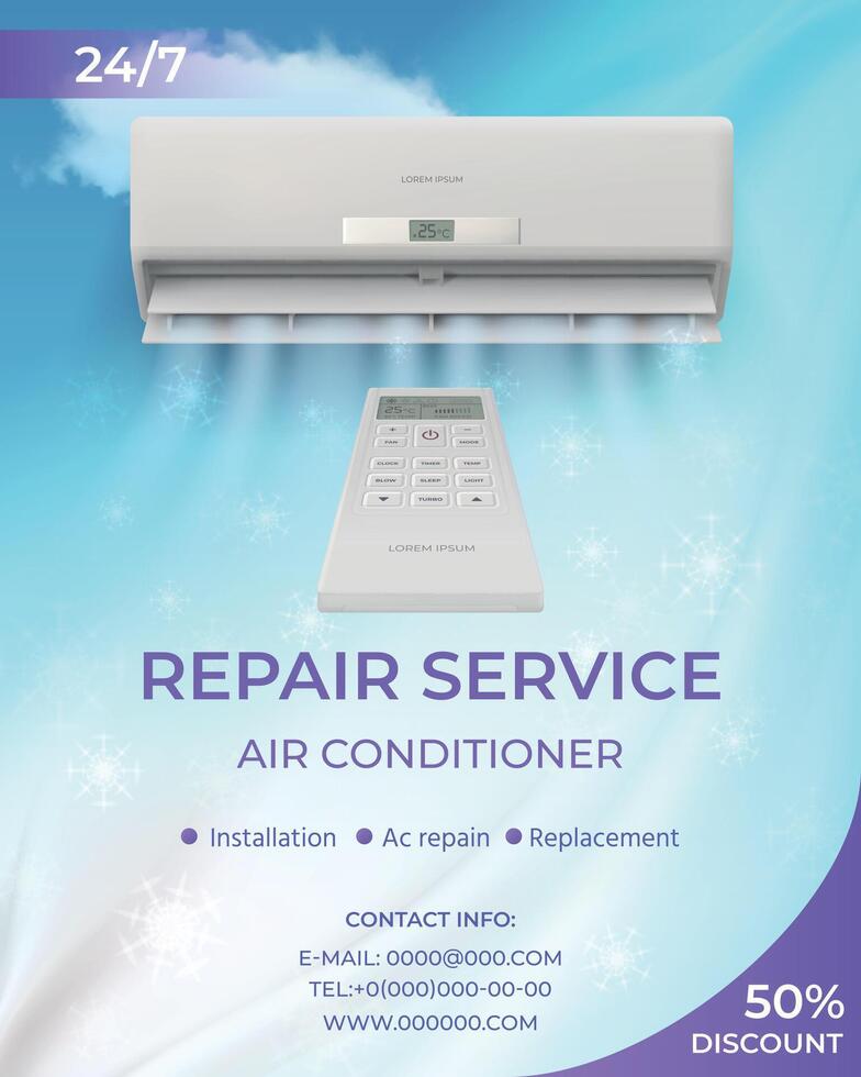 lucht conditioner systeem reparatie onderhoud promo folder. reclame poster met realistisch spleet blazen verkoudheid wind, sneeuw en afgelegen vector sjabloon