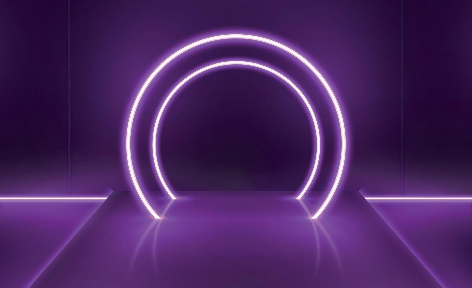 Purper neon futuristische digitaal stadium met cirkel licht boog. vitrine voor technologie Product presentatie. leeg voetstuk nacht vector tafereel