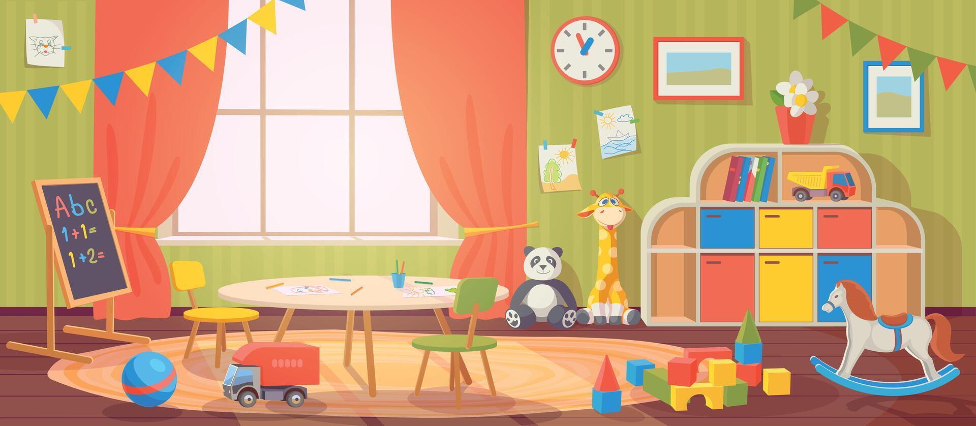 kleuterschool interieur. kinderopvang kinderkamer met meubilair en kind speelgoed. peuter- kind kamer voor spelen, werkzaamheid en aan het leren, vector tekenfilm