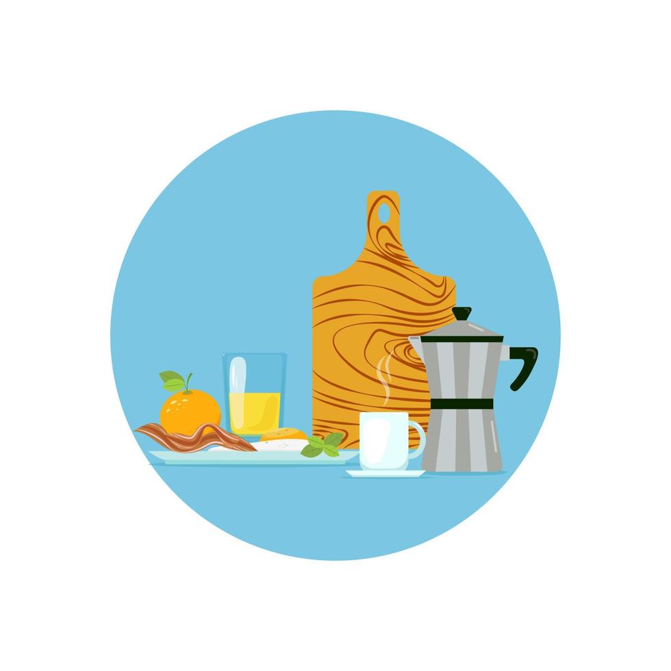 roerei ontbijt met spek, geiser koffiezetapparaat en koffie. vectorillustratie in platte cartoonstijl vector