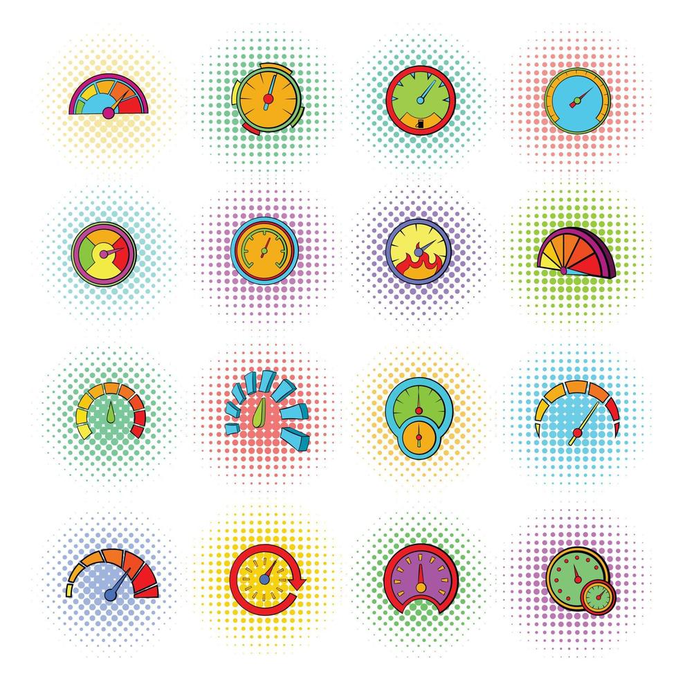 snelheidsmeter iconen set, pop-art stijl vector