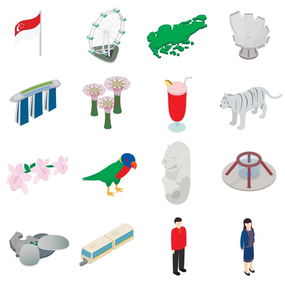 singapore iconen set, isometrische 3D-stijl vector