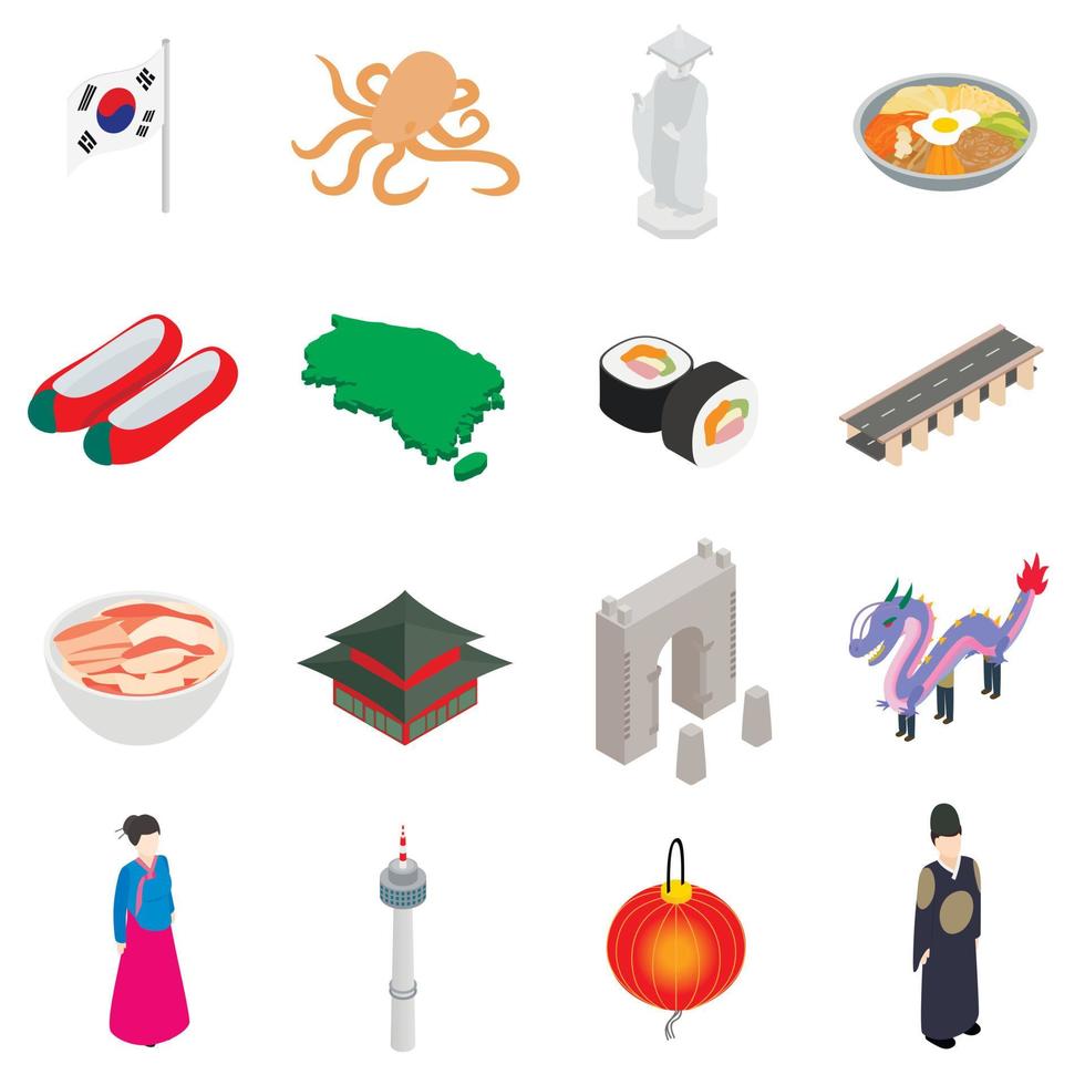 Zuid-Korea iconen set, isometrische 3D-stijl vector