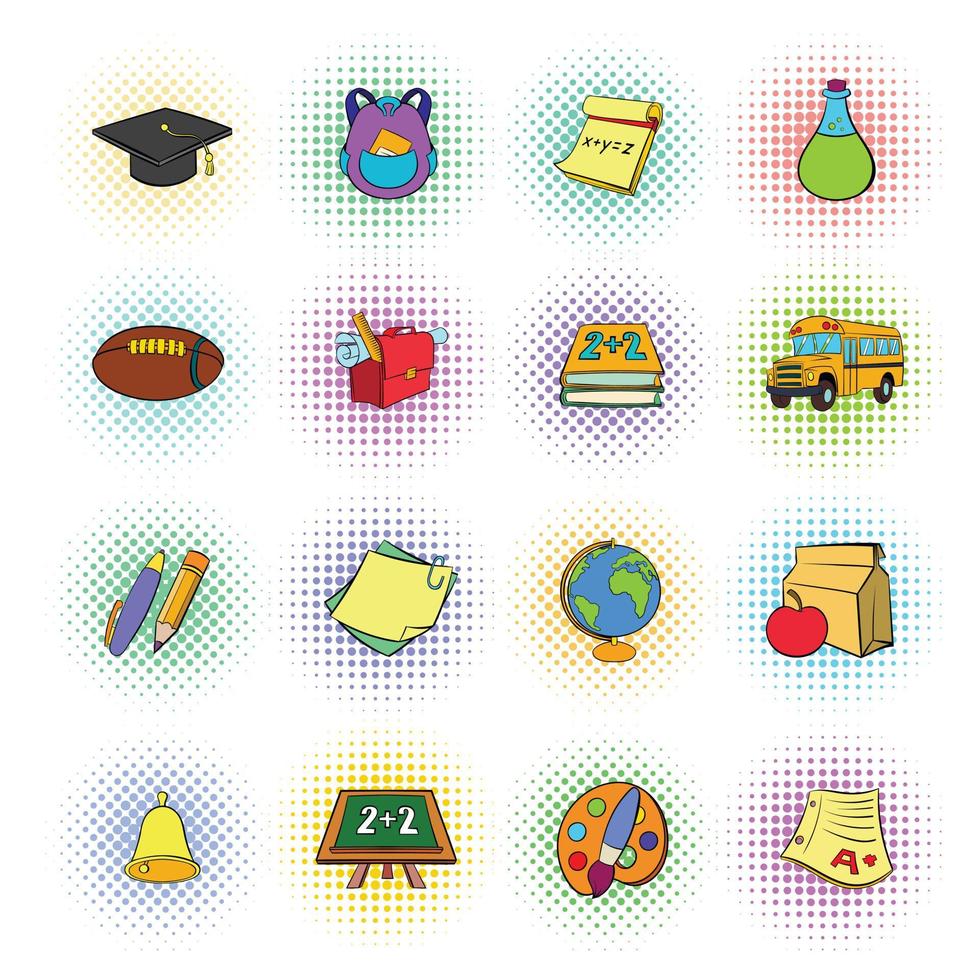 school iconen set, pop-art stijl vector