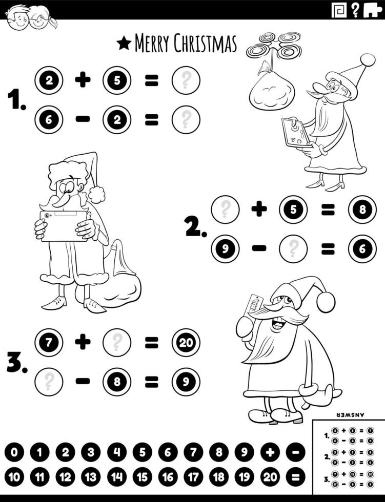 wiskunde optellen en aftrekken met santa kleurenboekpagina vector