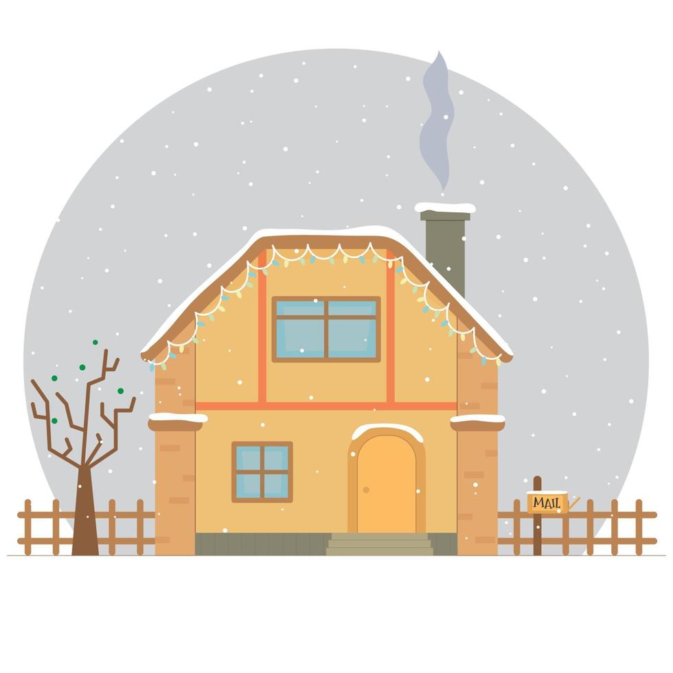 huis in de sneeuw. kerstkaart achtergrond poster. gebouw met dennenboom op werf, bouw gevel met lantaarns voor Kerstmis. vakantie en feest, winterarchitectuur vector