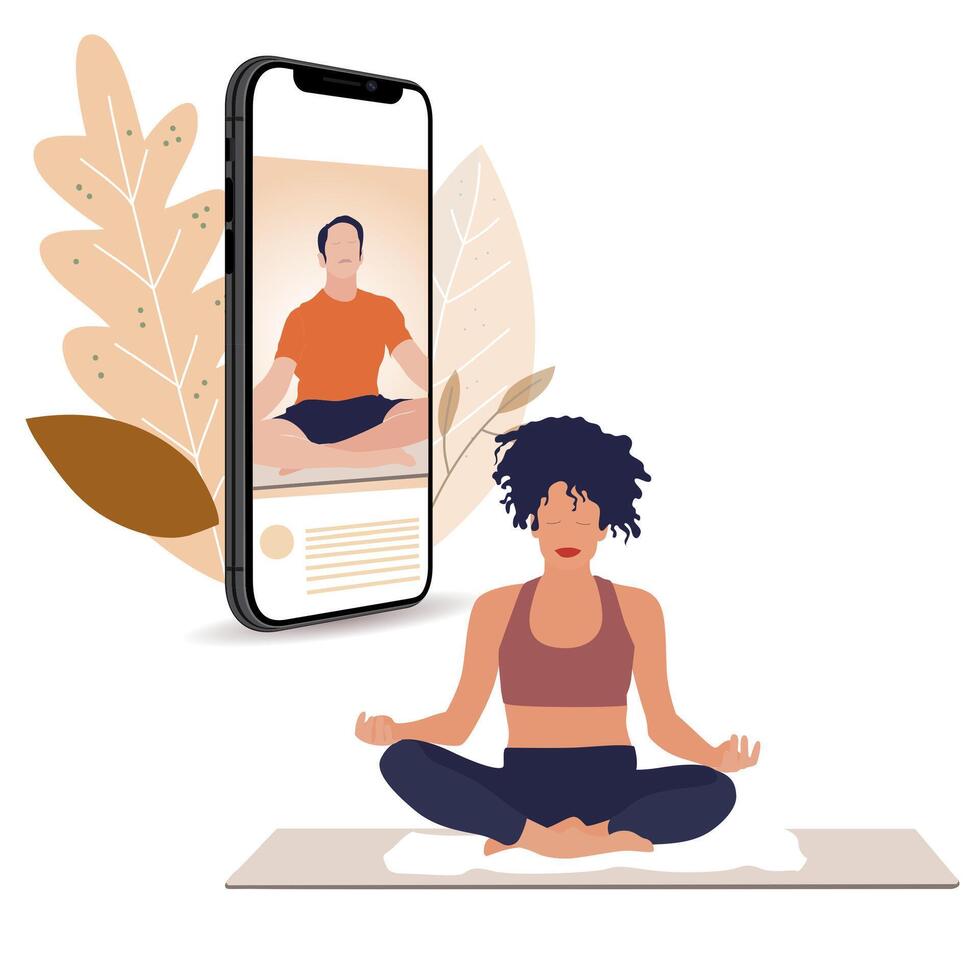 yoga les online, stroom leven Aan smartphone. vector leven streaming Aan smartphone, video geschiktheid en meditatie, Mens onderwijzen les voor slank meisje, balans mediteren blogger illustratie