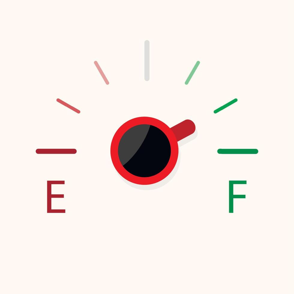 koffie macht indicator, vol en leeg niveau energie. vector illustratie. koffie macht indicator, mok ontbijt, cafeïne schaal, benzine energie, geïsoleerd niveau, paneel pijl, koffie winkel banier