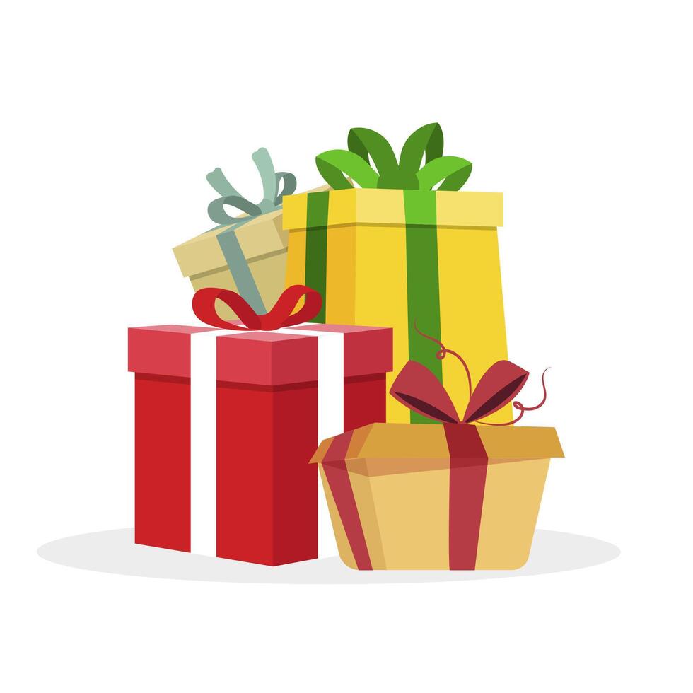 giftbox stapel in vlak stijl Aan achtergrond. vakantie groet kaart. Kerstmis achtergrond. Kerstmis vakantie geschenk kaart. vrolijk kerstmis. Kerstmis Cadeau en geschenk doos hoop. vector illustratie