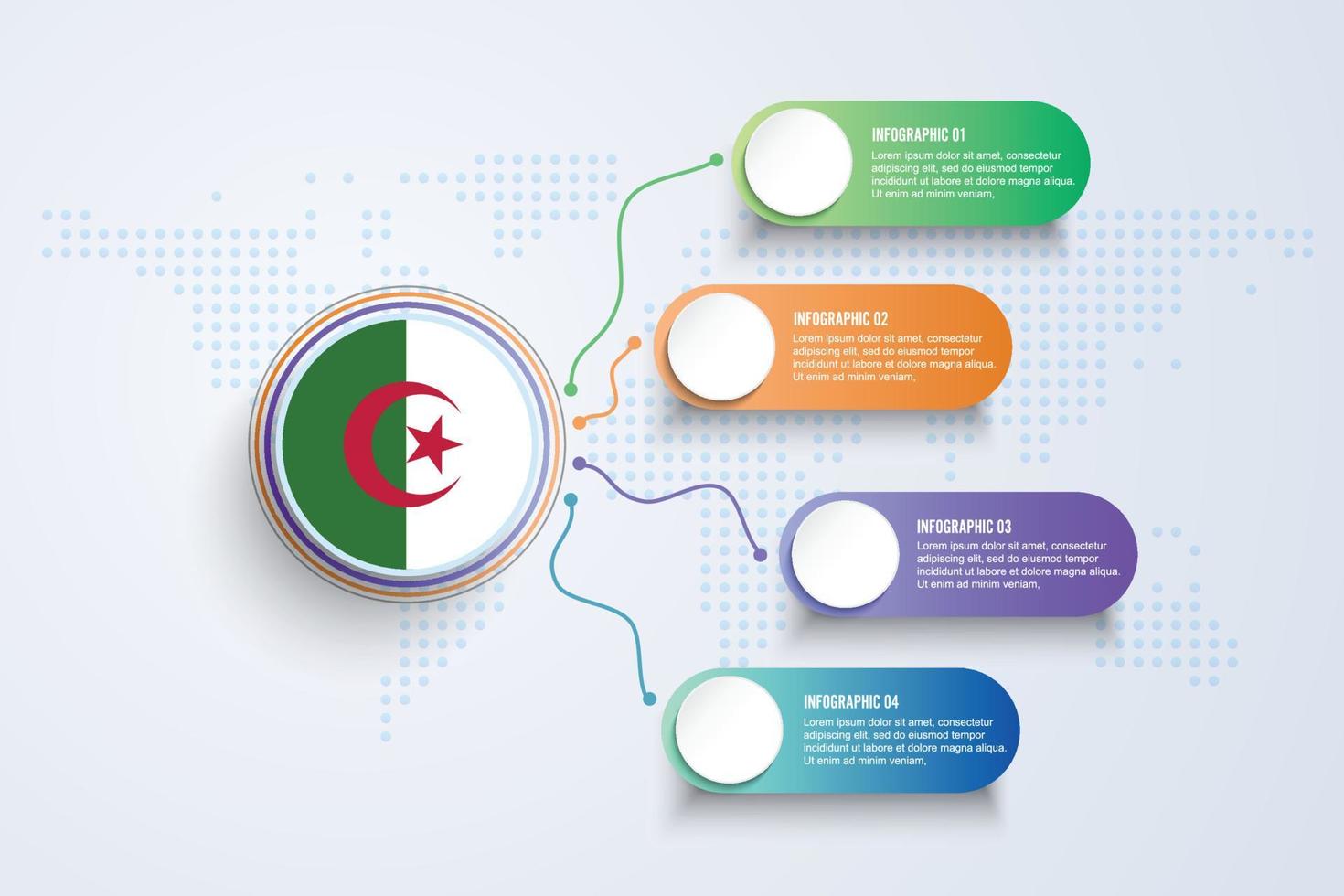 vlag van algerije met infographic ontwerp geïsoleerd op stip wereldkaart vector