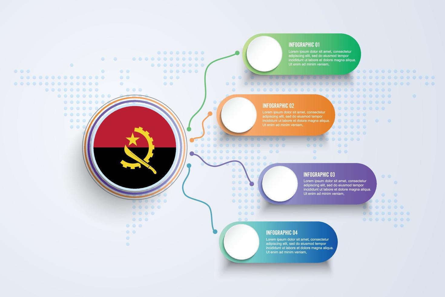 Vlag van Angola met infographic ontwerp geïsoleerd op stip wereldkaart vector