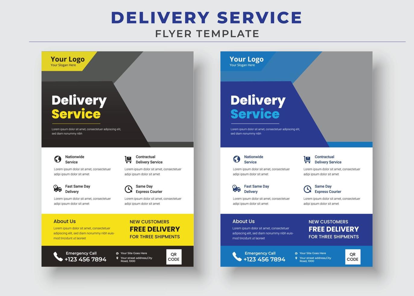 bezorgservice-flyer, snelle bezorg-flyer, wij leveren koerier-flyer, postbode koerier man-flyer vector