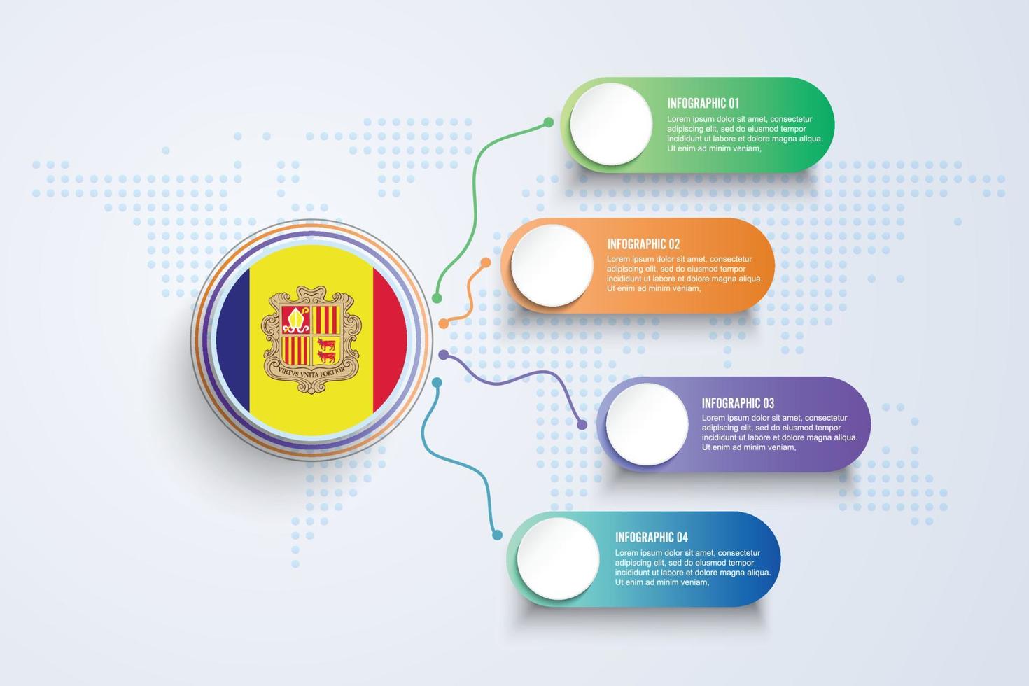 Andorra vlag met infographic ontwerp geïsoleerd op stip wereldkaart vector