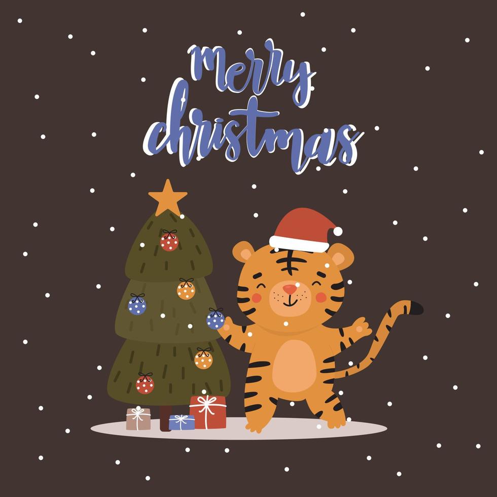 schattige tijger in doodle-stijl versiert een kerstboom. geschenken zijn onder de kerstboom, de inscriptie vrolijk kerstfeest. vector