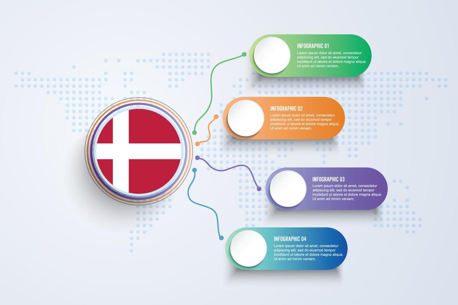 vlag van denemarken met infographic ontwerp geïsoleerd op stip wereldkaart vector