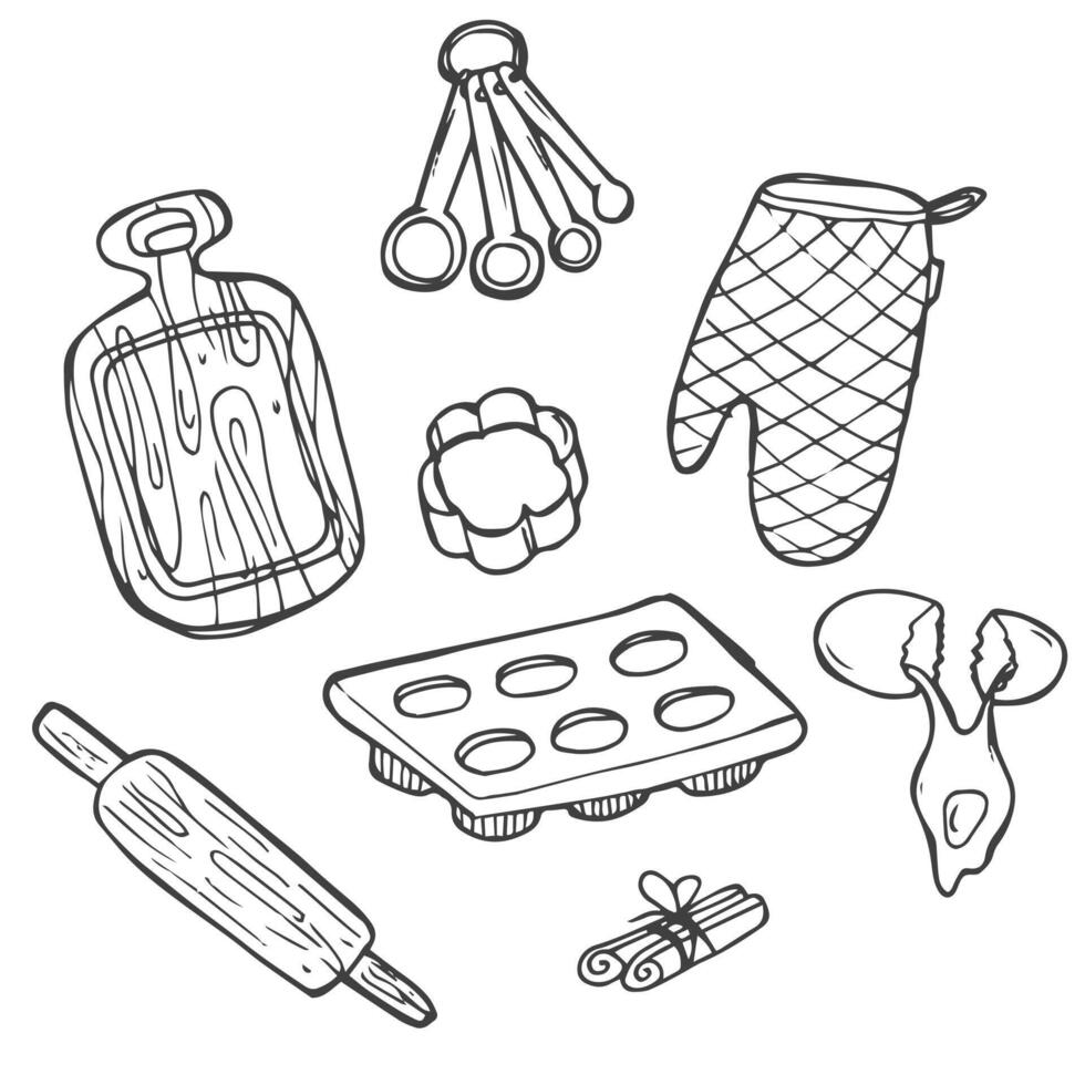 tekening reeks van bakken ware - bakken kopjes, apparatuur, gerecht, schaal, blik, taart bord, muffin, taart, hand getekend. vector schetsen illustratie geïsoleerd over- wit achtergrond.