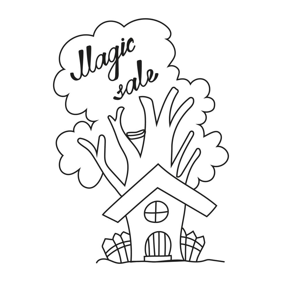 vector illustratie van een magie uitverkoop in tekening stijl. beeld van een fantastisch boom met een huis.