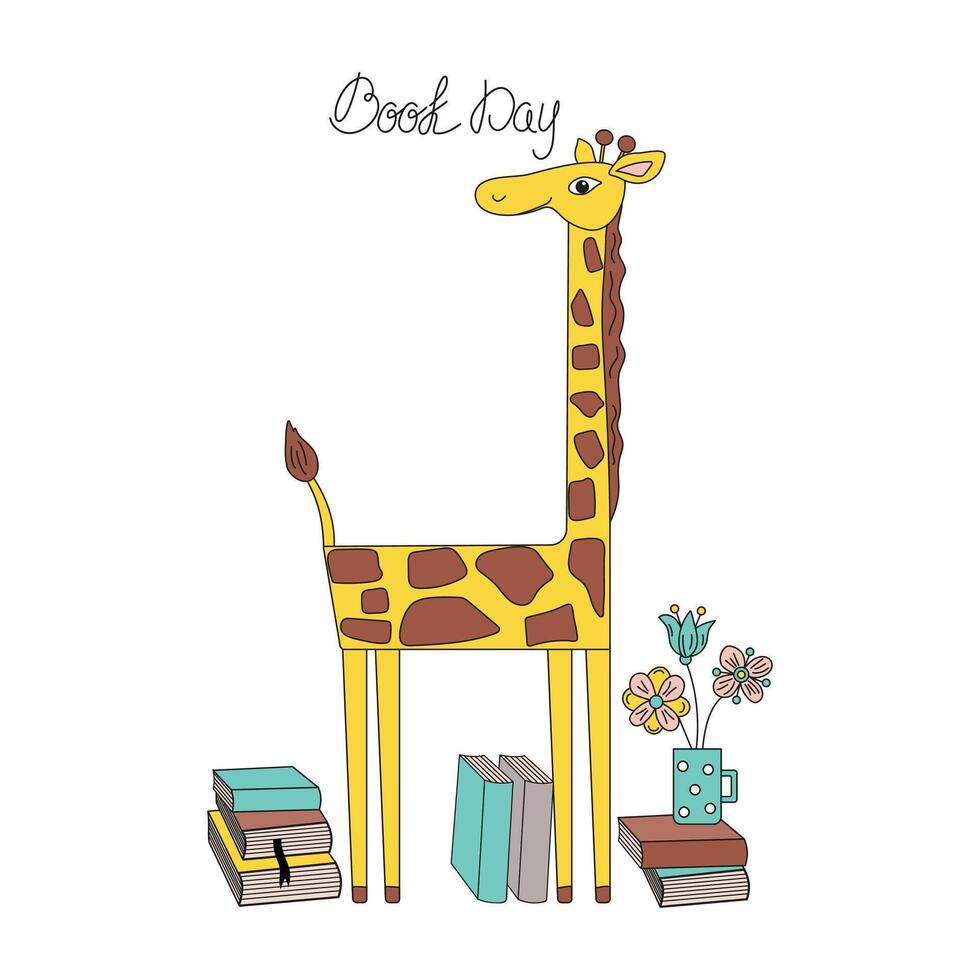 1tekenfilm giraffe, groot stack van boeken, mok met bloemen. liefde van lezing en aan het leren concept. Afrikaanse dier vector