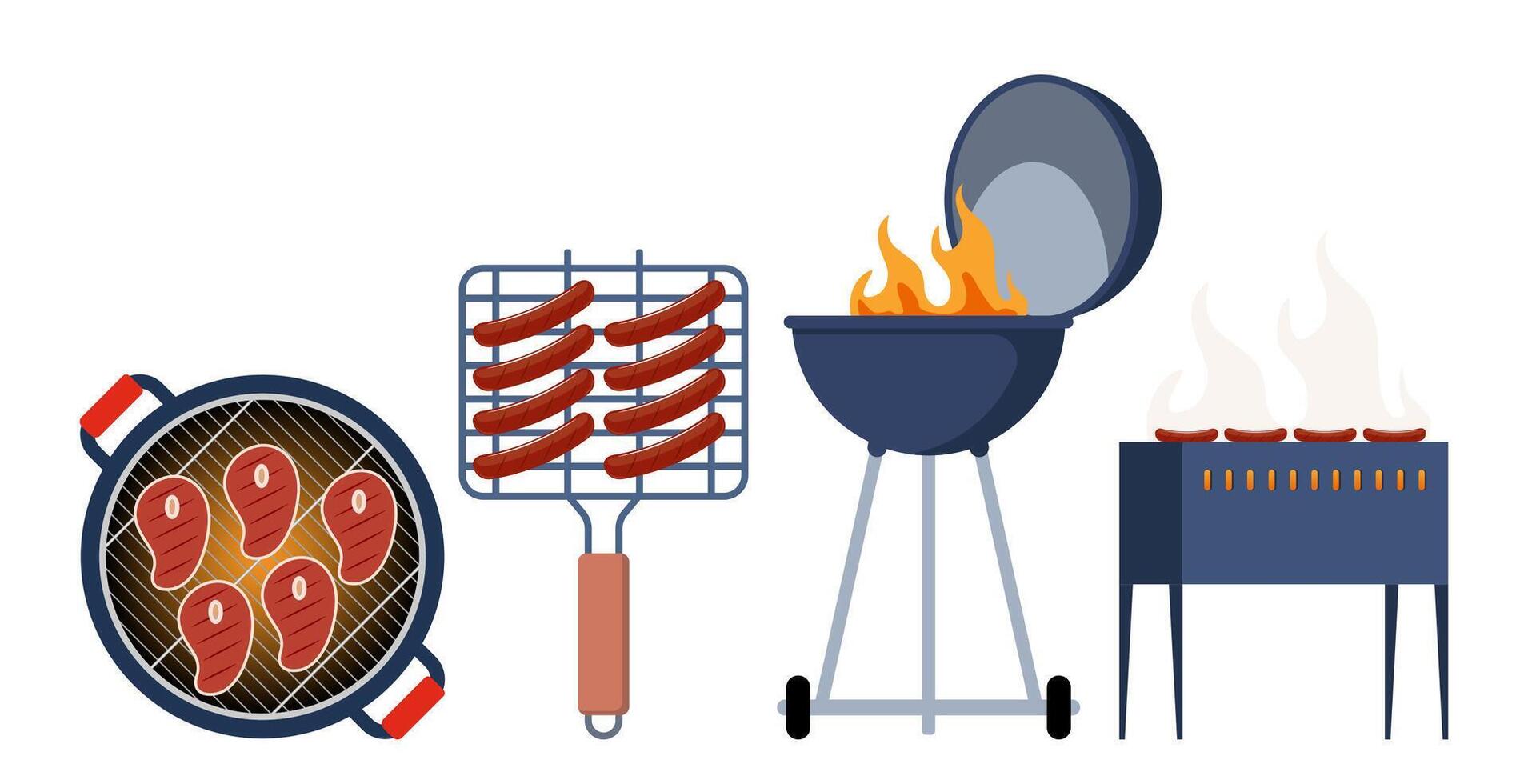 barbecue apparatuur. houtskool en gas- waterkoker bbq rooster uitrusting verschillend type voor vlees en worstjes Koken buitenshuis. huis of restaurant apparaat. vector illustratie.