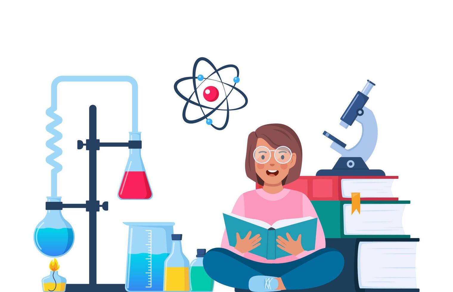 weinig kind aan het studeren chemie. scheikundige werkplaats met boeken en laboratorium apparatuur. Onderzoek en verkenning. studies in chemie. vector illustratie.