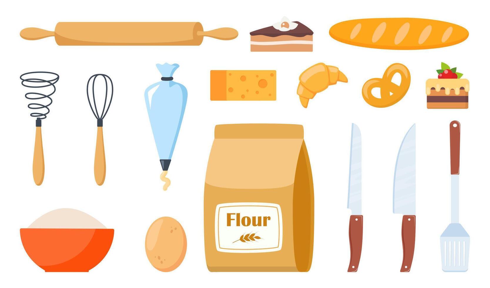 gebakje maken uitrusting en ingrediënten. bakken gereedschap set. heerlijk bakken. vector illustratie.