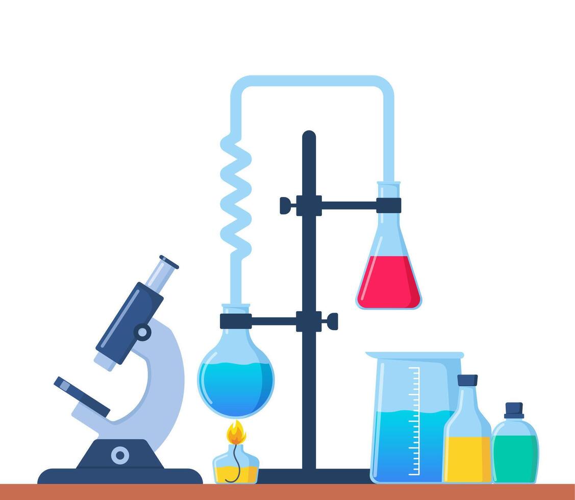 chemisch laboratorium met verschillend glas kolven, flesjes, test buizen met stof en reagentia. laboratorium Onderzoek, testen, studies in chemie, natuurkunde, biologie. banier, poster. vector illustratie.