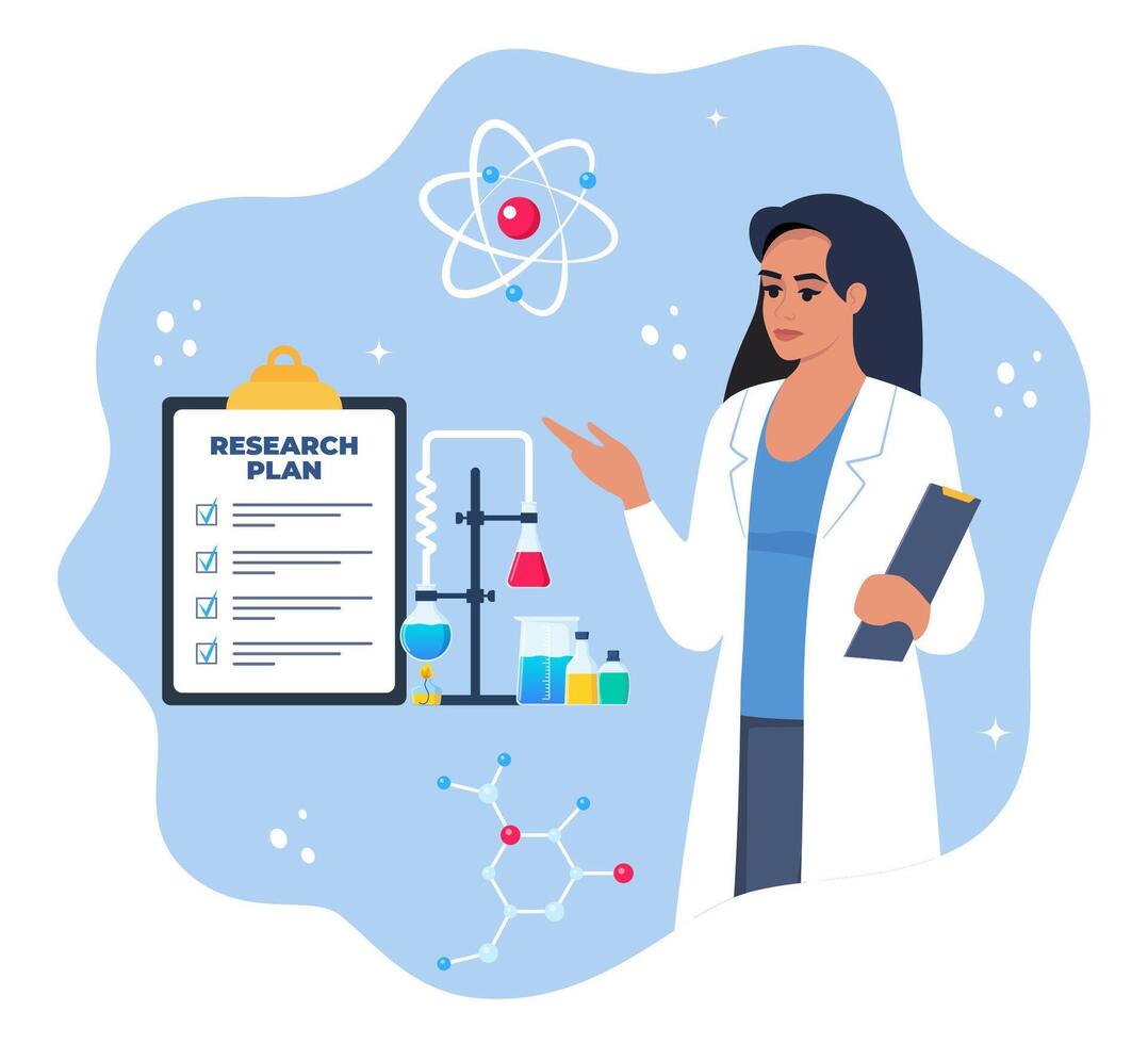 chemicus wetenschapper, kolven, flesjes, test buizen. chemisch laboratorium Onderzoek plan Aan klembord. atoom teken. biologisch chemisch verbindingen formules. chemie concept vector illustratie.