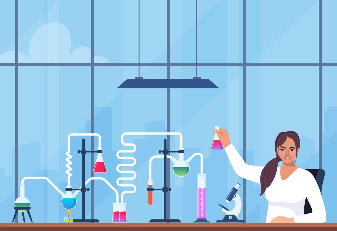 wetenschapper in chemie laboratorium werken Aan Onderzoek en verkenning. kolven, flesjes, test buizen met substantie. laboratorium Onderzoek, testen, studies in chemie. vector illustratie.