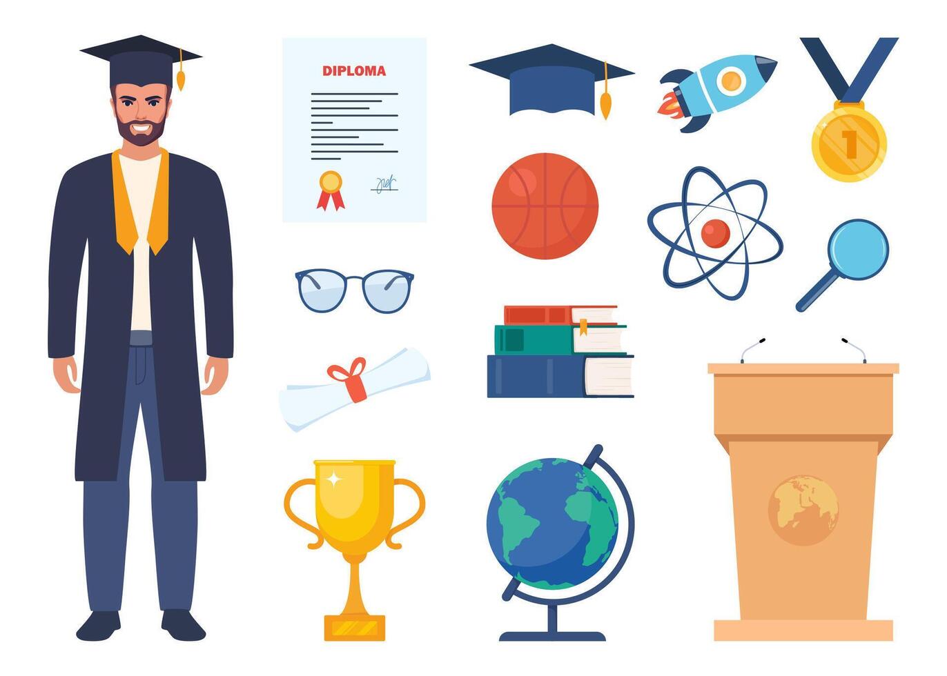 school, wetenschap, opleiding, diploma uitreiking pictogrammen. microscoop, atoom, boeken, diploma uitreiking pet, wereldbol, magneet, bril, gouden beker, dna, medaille, diploma. vector illustratie.