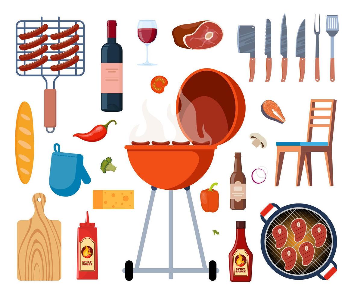 barbecue apparatuur, buitenshuis bbq picknick elementen. gegrild worstjes, vlees, groenten, drankjes, en voedsel voor de zomer rooster feest. Koken gereedschap en vlees. vector illustratie.