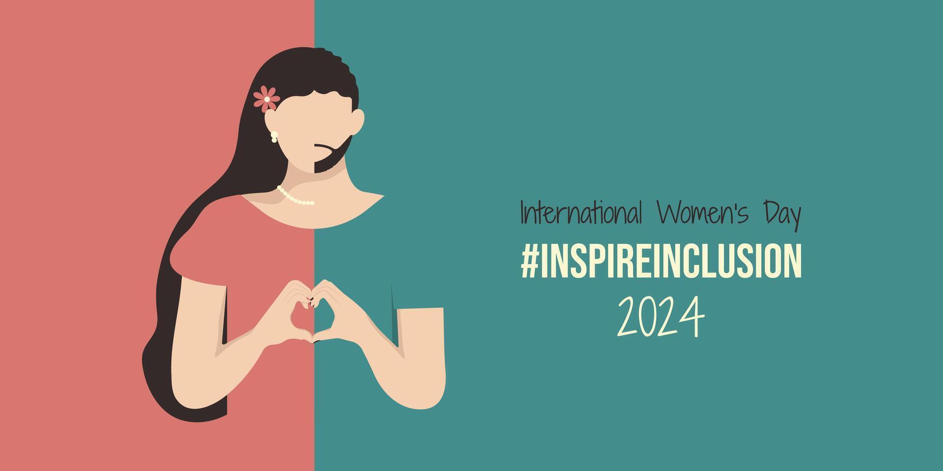 Internationale vrouwen dag banier van inspireren inclusie 2024. persoon vouwen handen met hart voor iwd. minimalistische illustratie met inspirereninclusie leuze en meisje identificeren net zo hij ze zij. vector