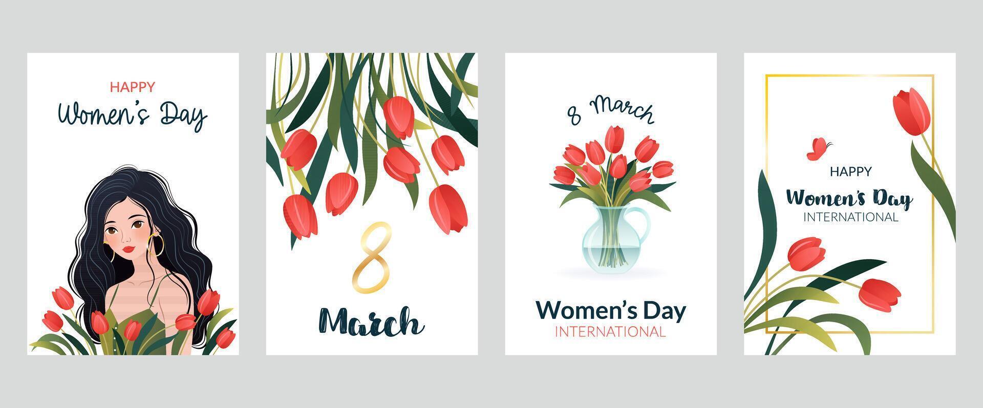 Internationale vrouwen dag verticaal affiches, banners set. 8 maart. tekenfilm vrouw, tulpen, boeket van bloemen in vaas. ontwerp voor campagne, sociaal media na, ansichtkaart, promo. vector illustraties.