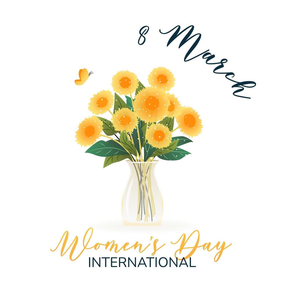 Internationale vrouwen dag. 8 maart. banier, ansichtkaart met geïsoleerd boeket van paardebloemen in vaas. bloemen Aan wit achtergrond. modern verticaal vector ontwerp voor poster, campagne, sociaal media na.