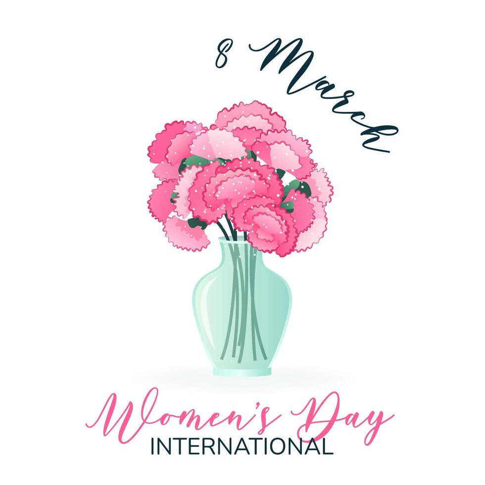 Internationale vrouwen dag. 8 maart. banier, ansichtkaart met geïsoleerd boeket van anjers in vaas. bloemen Aan wit achtergrond. modern verticaal vector ontwerp voor poster, campagne, sociaal media na.