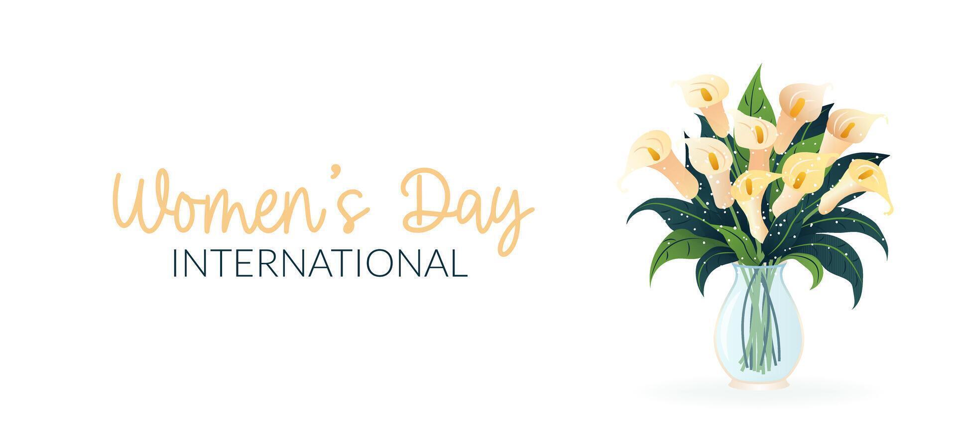 Internationale vrouwen dag. 8 maart banier, ansichtkaart met geïsoleerd boeket van calla lelies in vaas. bloemen Aan wit achtergrond. modern horizontaal vector ontwerp voor poster, campagne, sociaal media na.