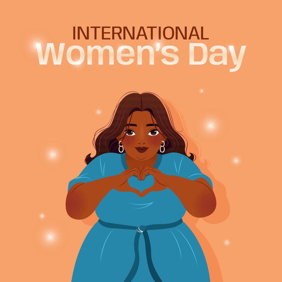 Internationale vrouwen dag. 8 maart. inspireren inclusie. banier met Indisch vrouw tonen teken van hart. modern vector ontwerp voor poster, campagne, sociaal media na. lichaam positief beweging.